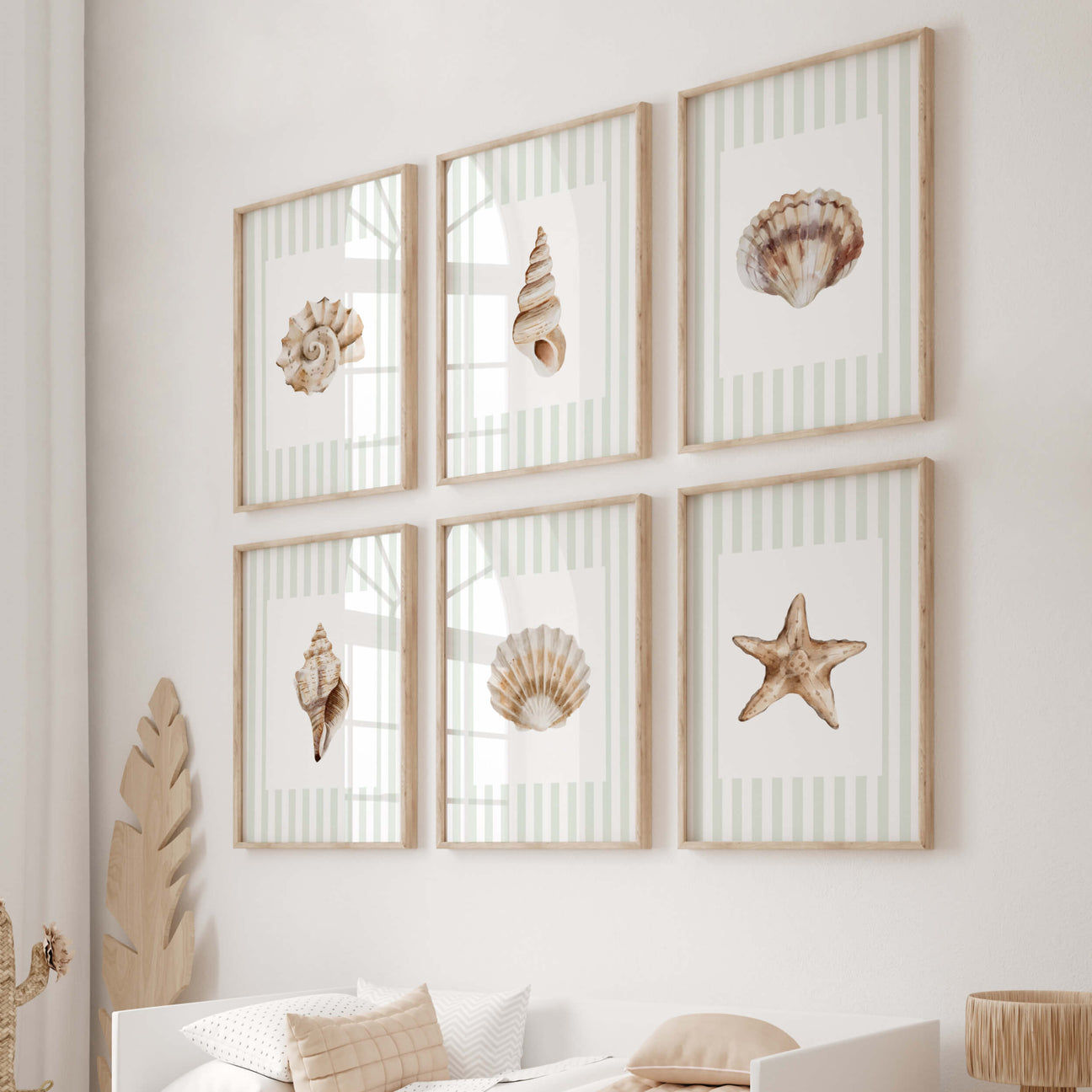 Coastal seashell printable wall art set of 6 with sage green stripes.