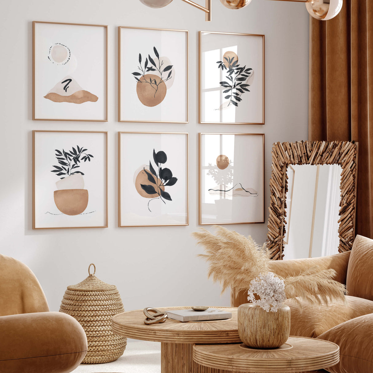Abstract Landscape and Botanical Prints - Brown - Beige - Black - Set of 6