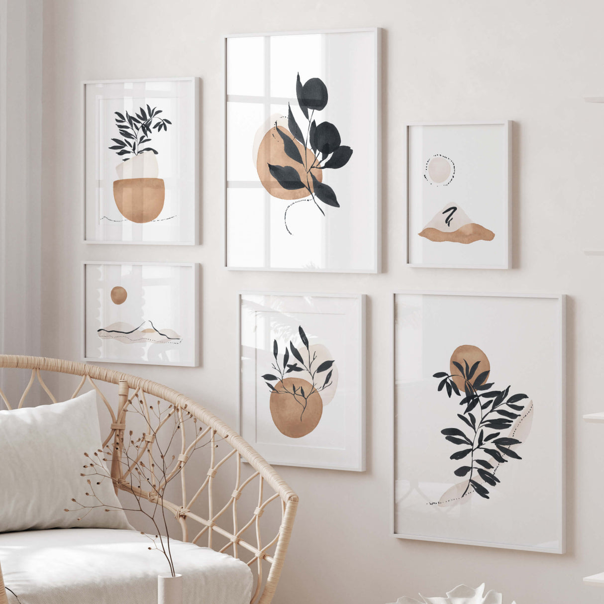 Abstract Landscape and Botanical Prints - Brown - Beige - Black - Set of 6