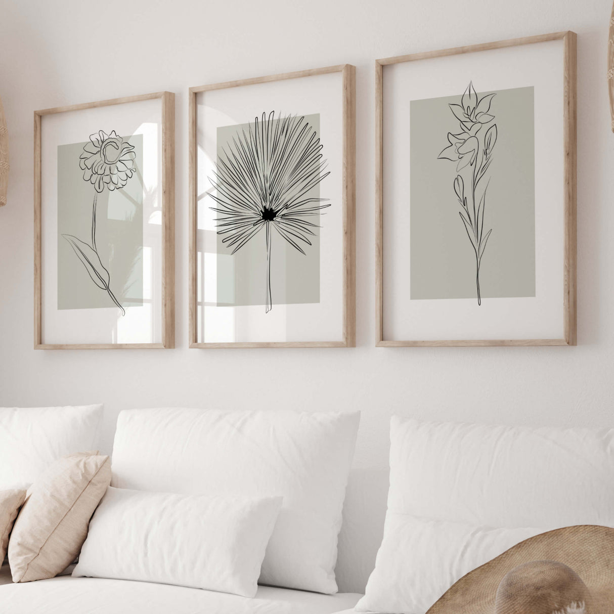 Abstract flower line art prints with sage green background for neutral home decor, abstract home decor, modern home decor, scandinavian home decor, beige home decor, white home decor.