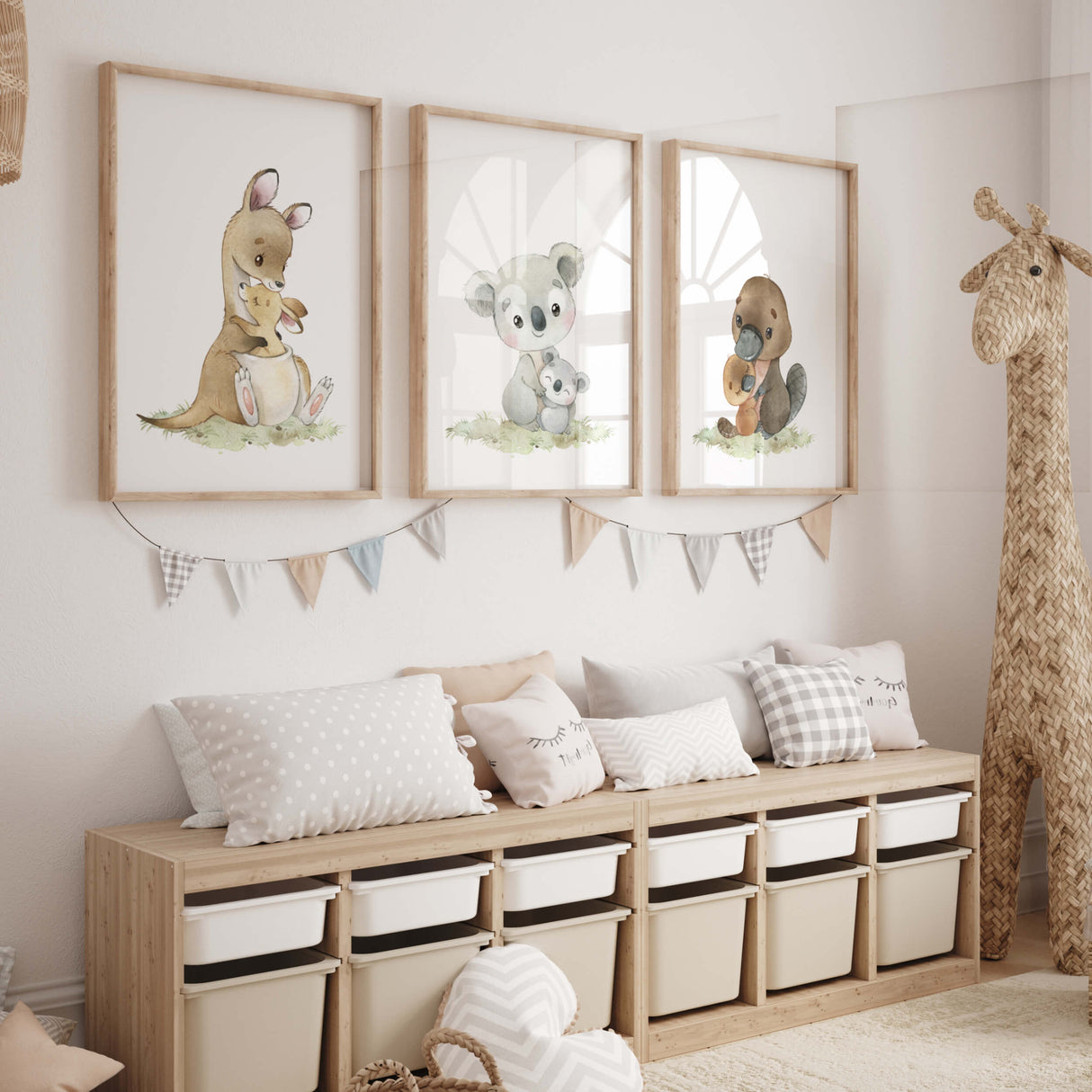 Set of 3 watercolor mom and baby australian animals printable for gender neutral nursery decor and mother's day print.