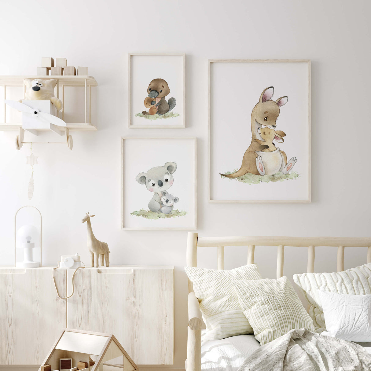 Set of 3 watercolor mom and baby australian animals print for boho nursery decor and mother's day print.