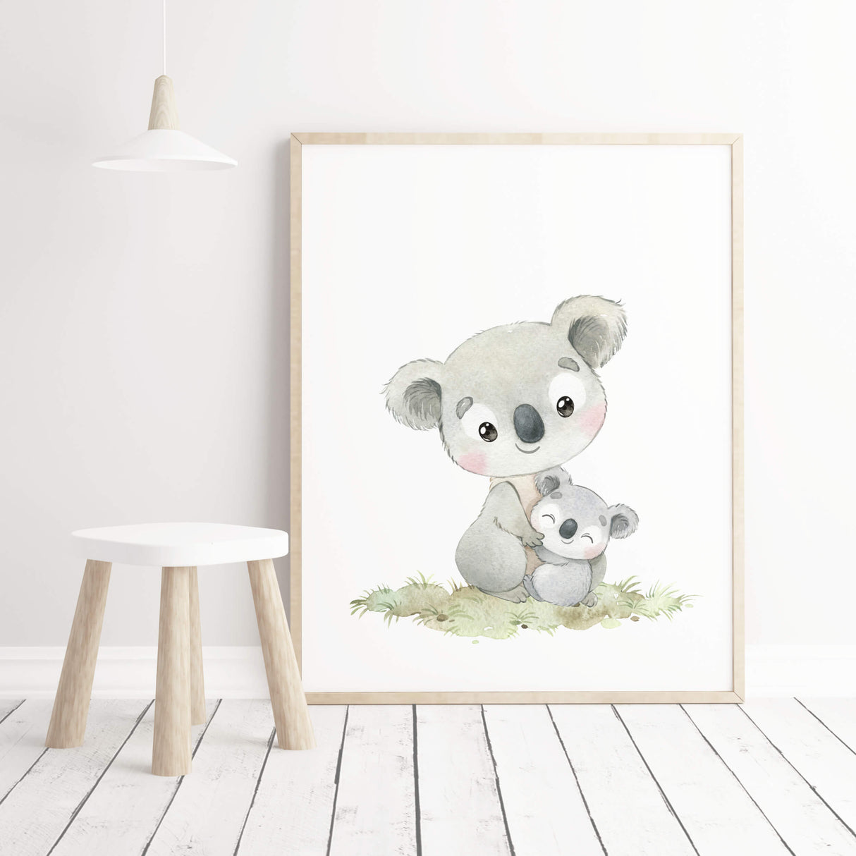 Watercolor mom and baby australian animals with koala print for gender neutral nursery decor and mother's day print.