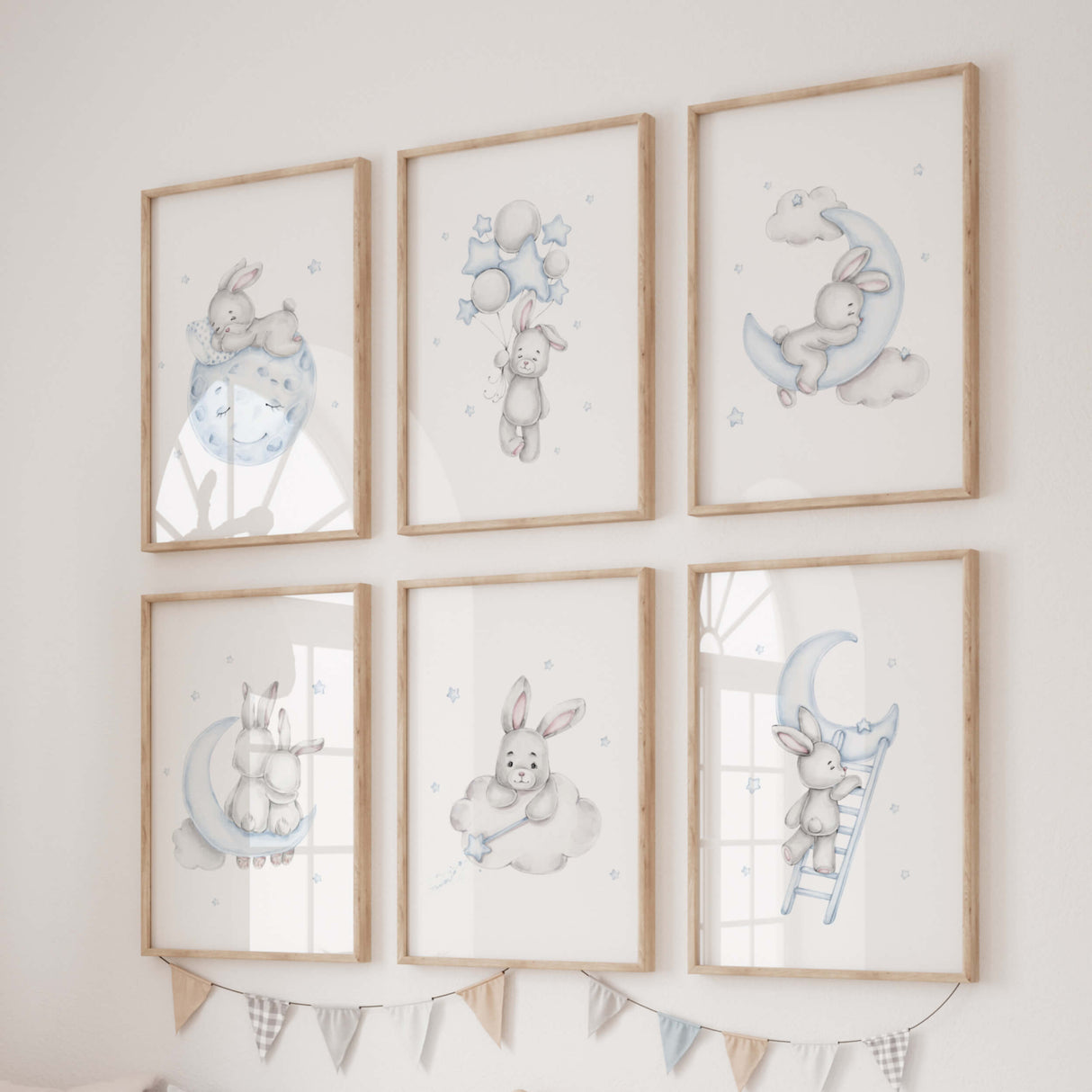 Watercolor bunny printable in gray and blue colors for baby boys room decor, toddler room decor.