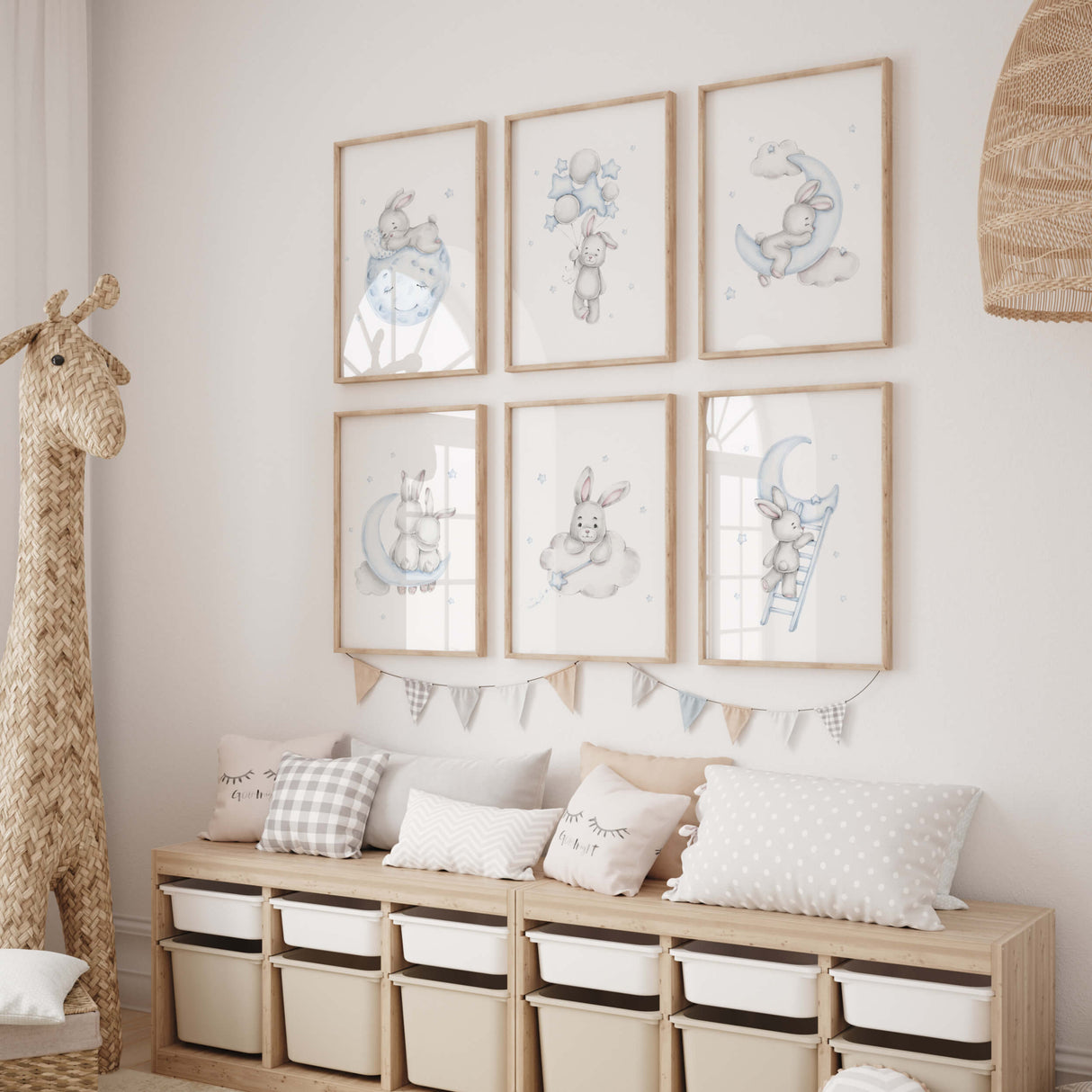 Watercolor bunny print with balloon, moon, cloud, stars in gray and blue colors for baby boys room decor, toddler room decor.