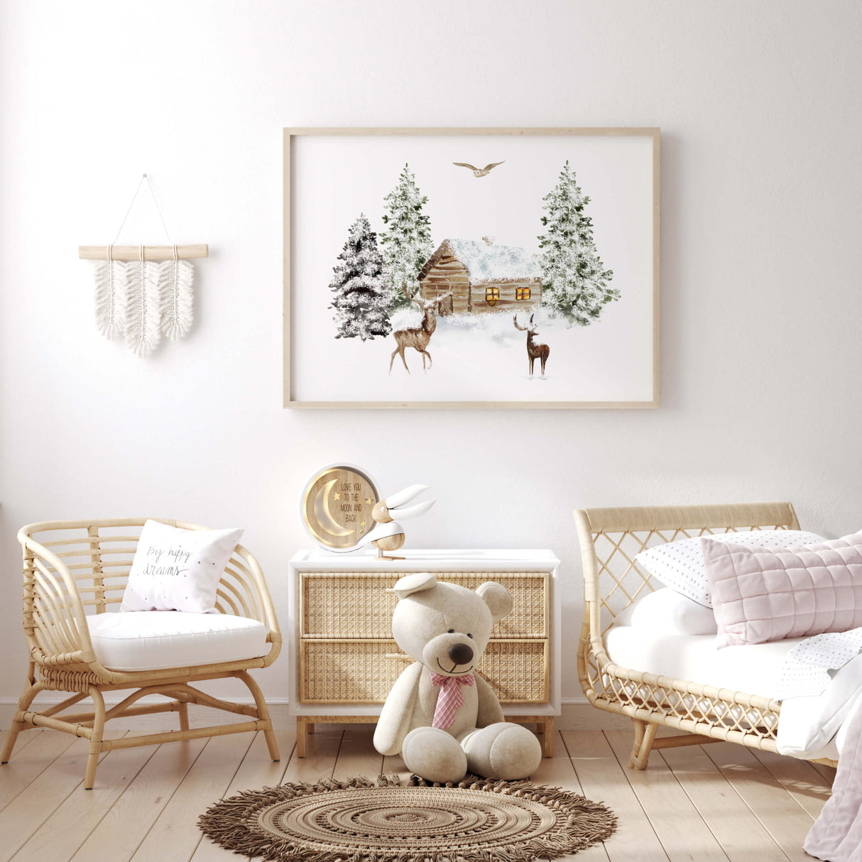 Watercolor winter landscape with deer, houses and snow poster for christmas wall decor.