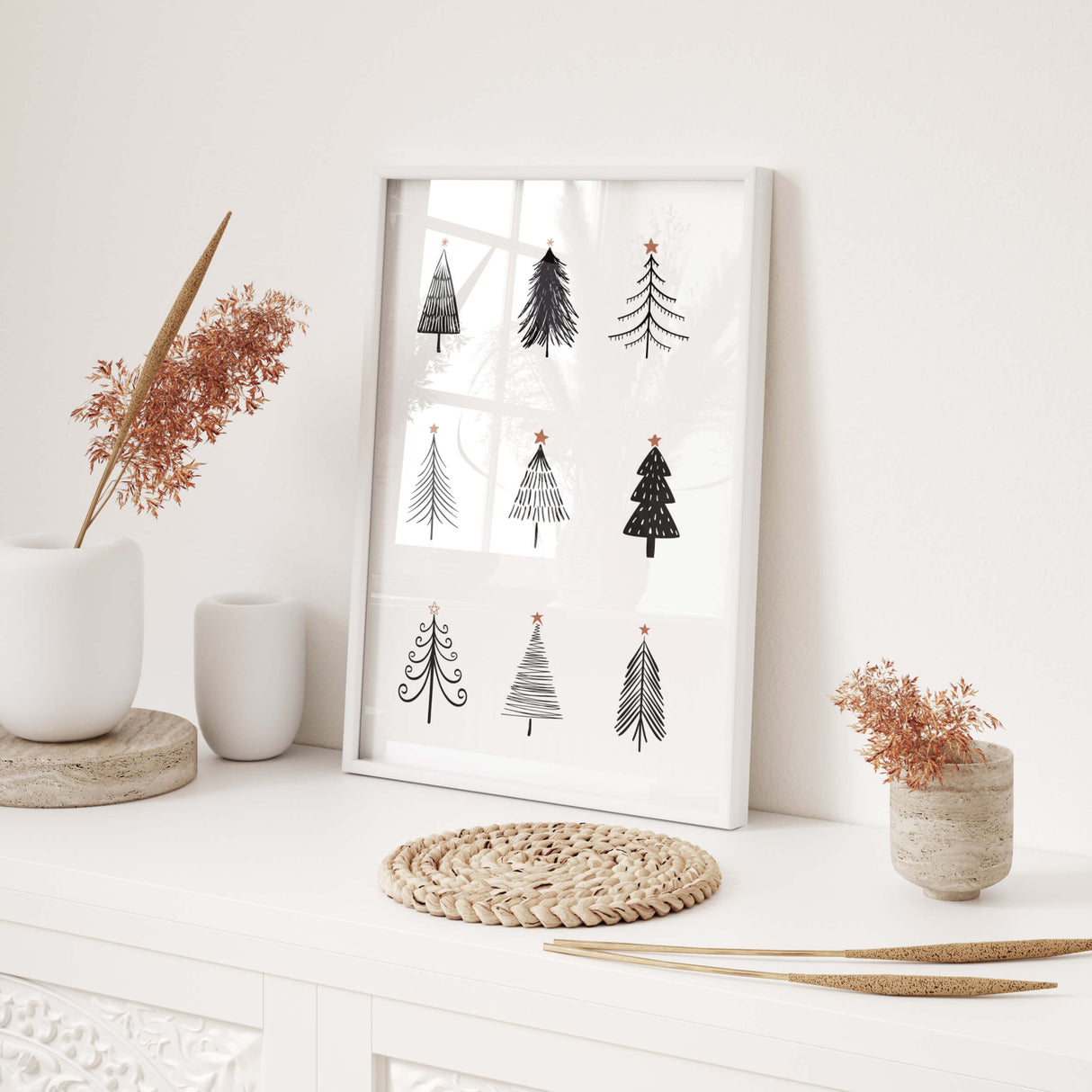 Black and white minimal pine tree print for minimalist black white christmas wall decor.
