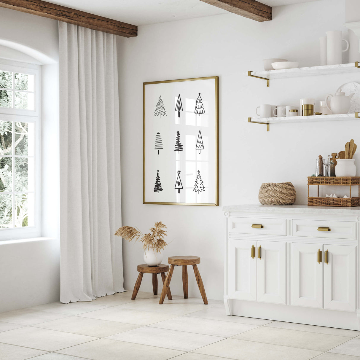 Black and white christmas trees poster for minimal christmas decor and winter decor.