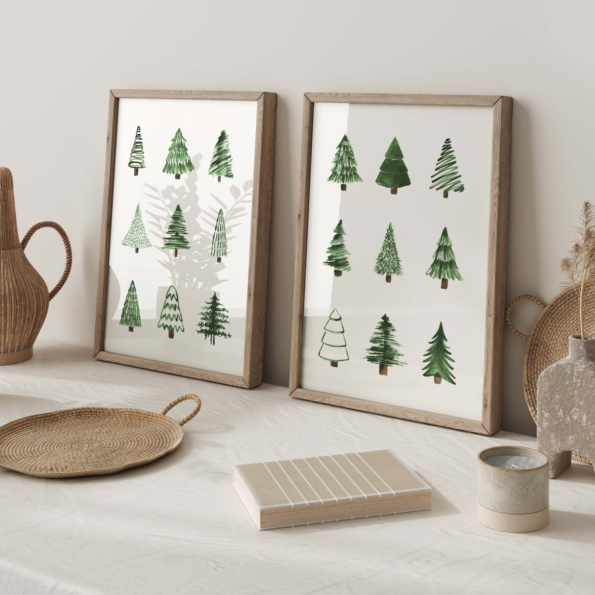 Set of 2 minimal pine tree print in green color for minimal christmas home decor and line art home decor.