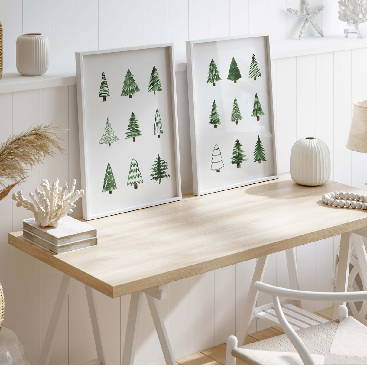 Set of 2 minimal pine tree print for minimal christmas home decor.
