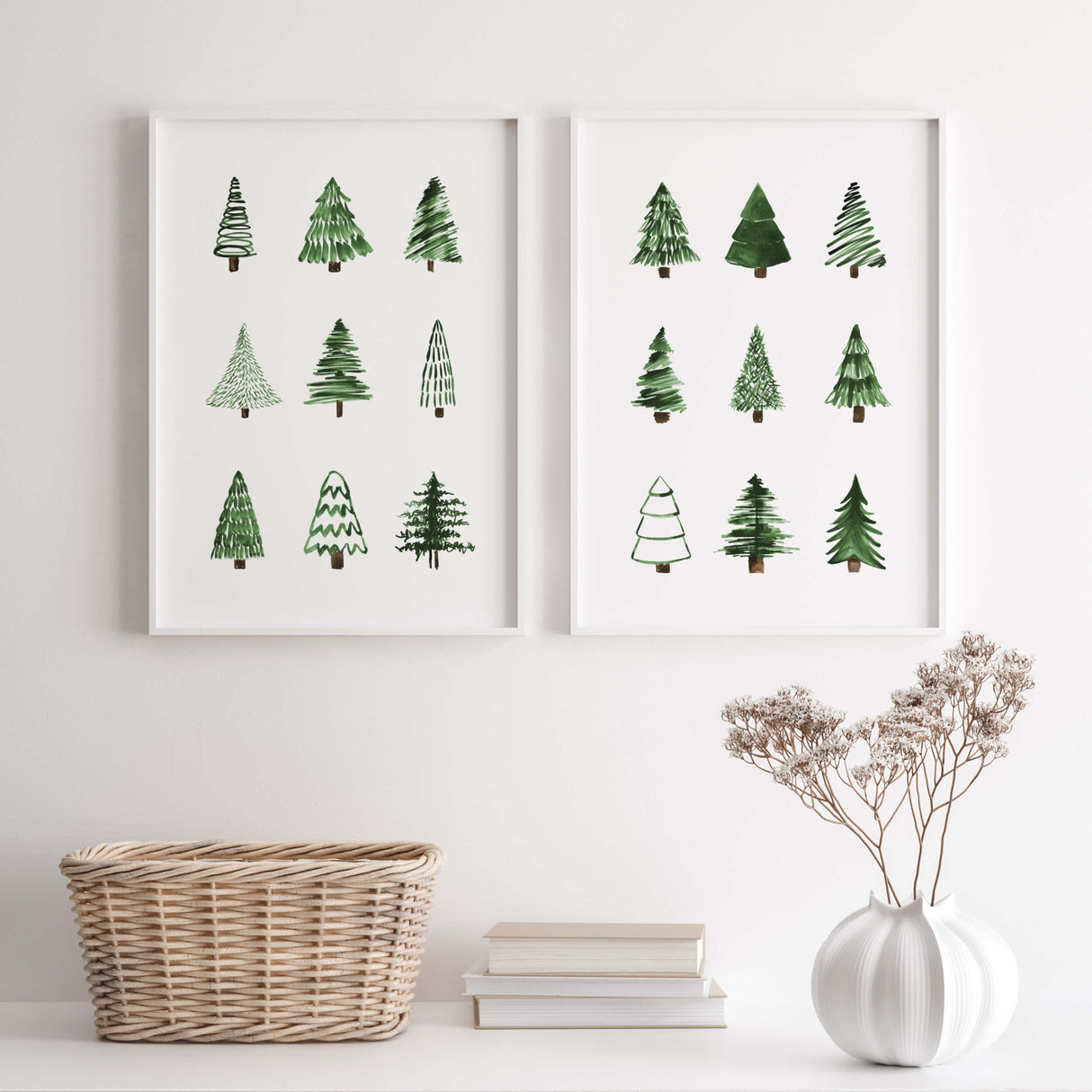 Set of 2 minimal pine tree printable for minimal christmas home decor.