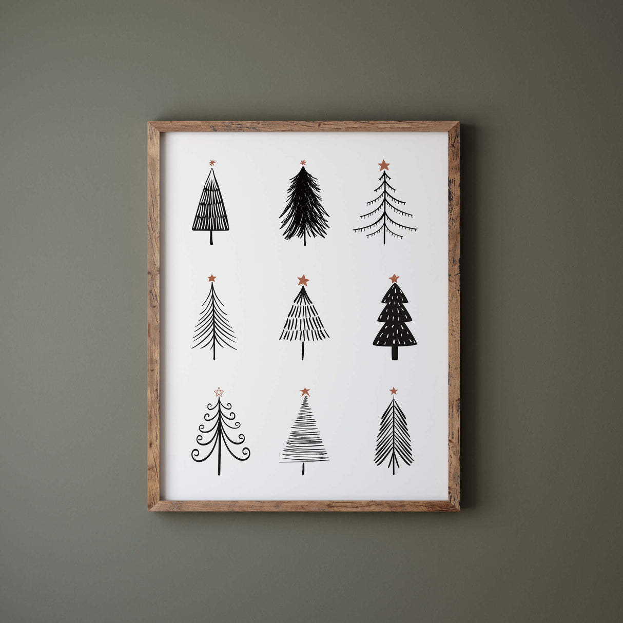 Black and white minimal pine tree printable for minimalist christmas wall decor and winter decor.