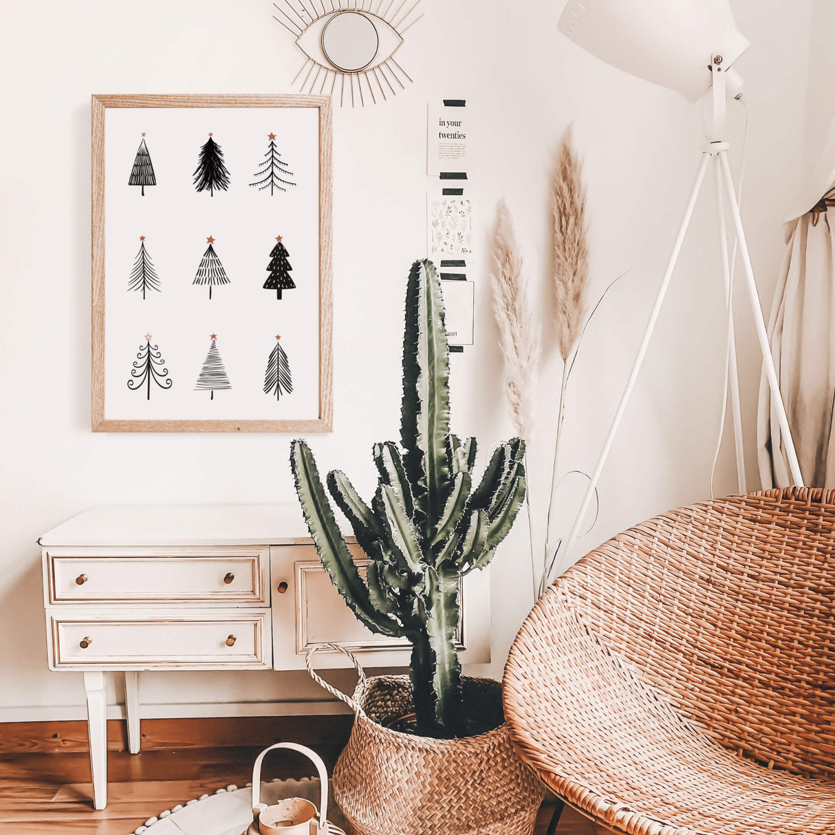 Black and white minimal pine tree poster for minimalist christmas wall decor.