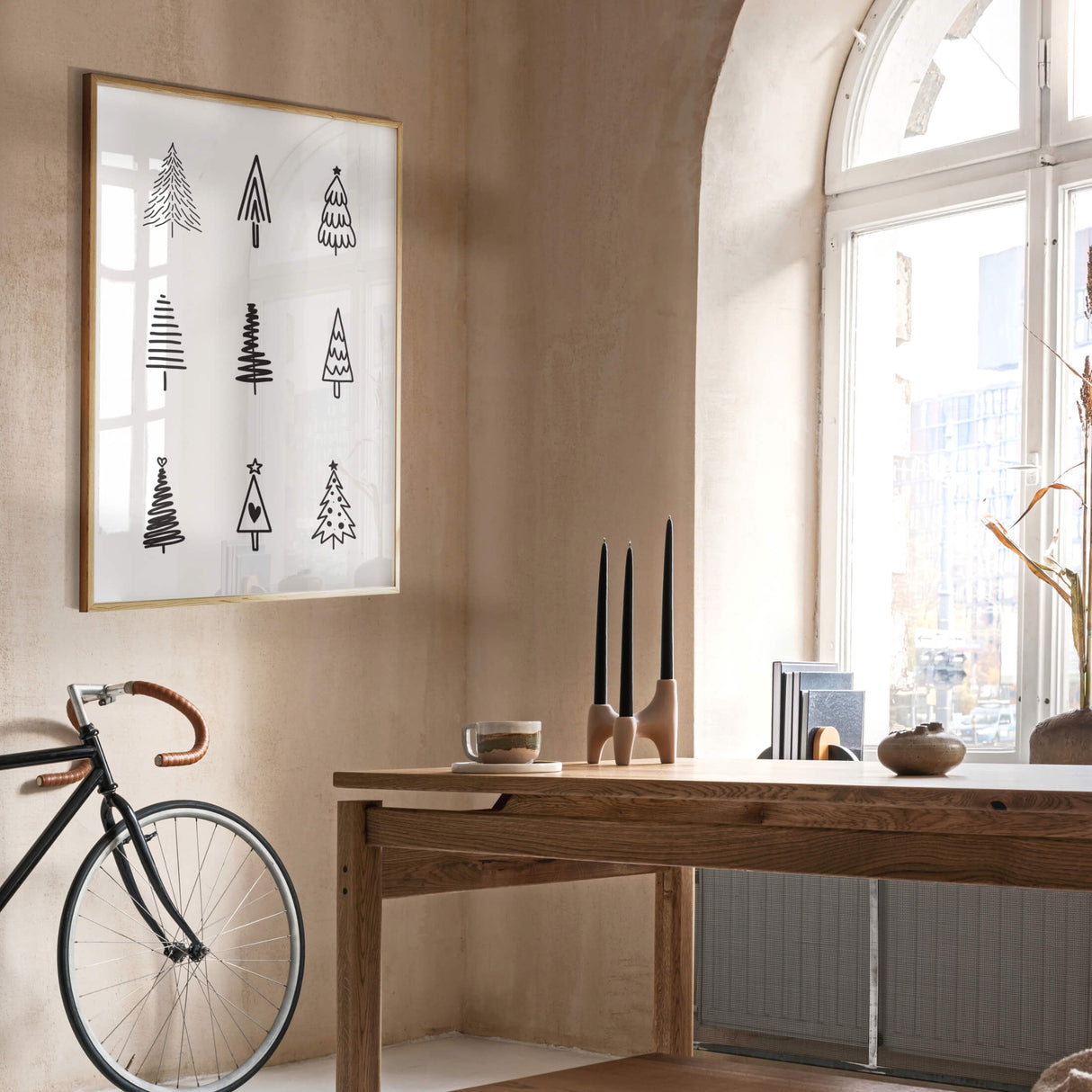 Black and white christmas trees printable for minimal christmas decor and winter decor.