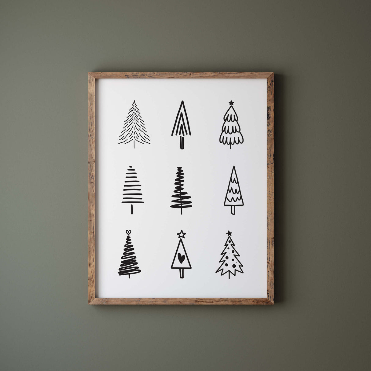 Black and white christmas trees printable for minimal christmas decor and winter decor.