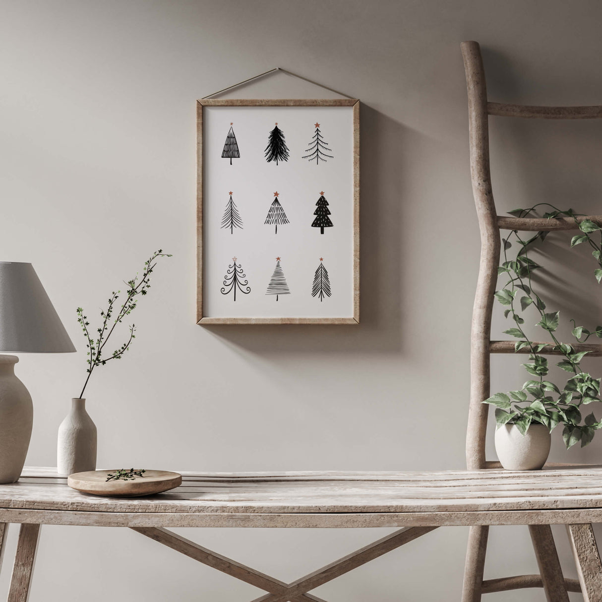 Black and white minimal christmas tree print for minimalist christmas wall decor.