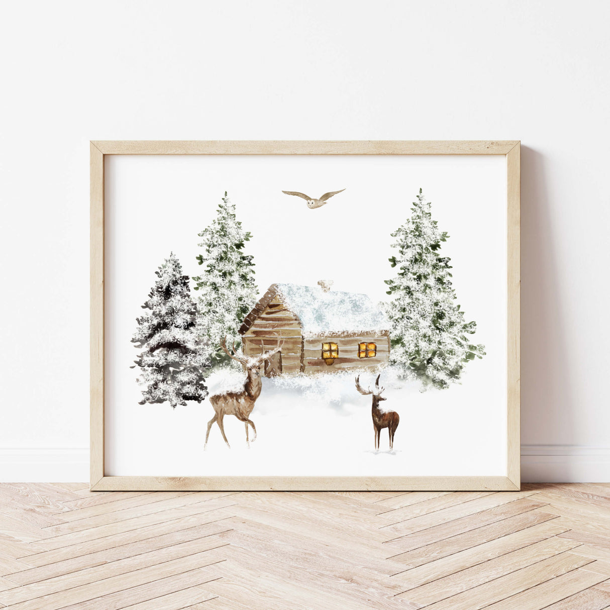 Watercolor winter landscape with deer, houses and snow printable for christmas wall decor.