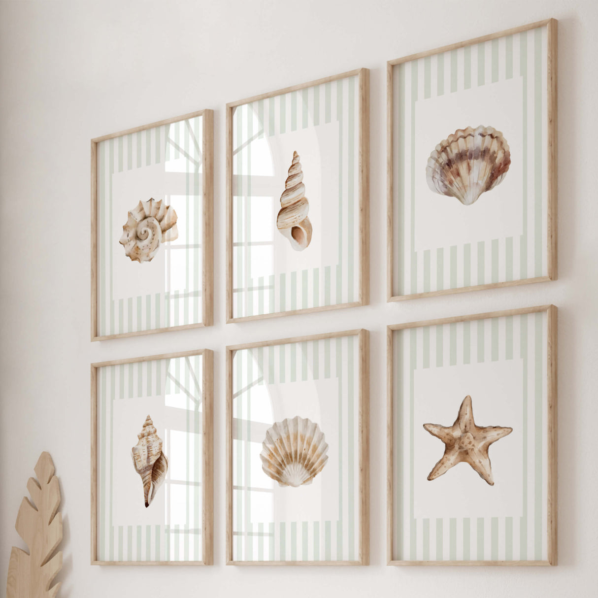 Coastal seashell printable wall art set of 6 with sage green stripes.