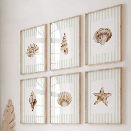 Coastal seashell printable wall art set of 6 with sage green stripes.