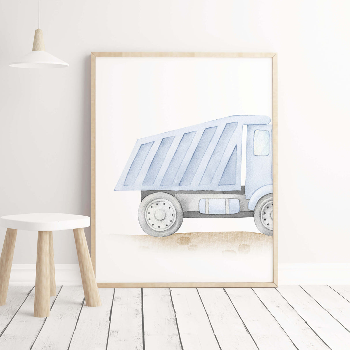 Watercolor dump truck print for toddler and baby boys room decor