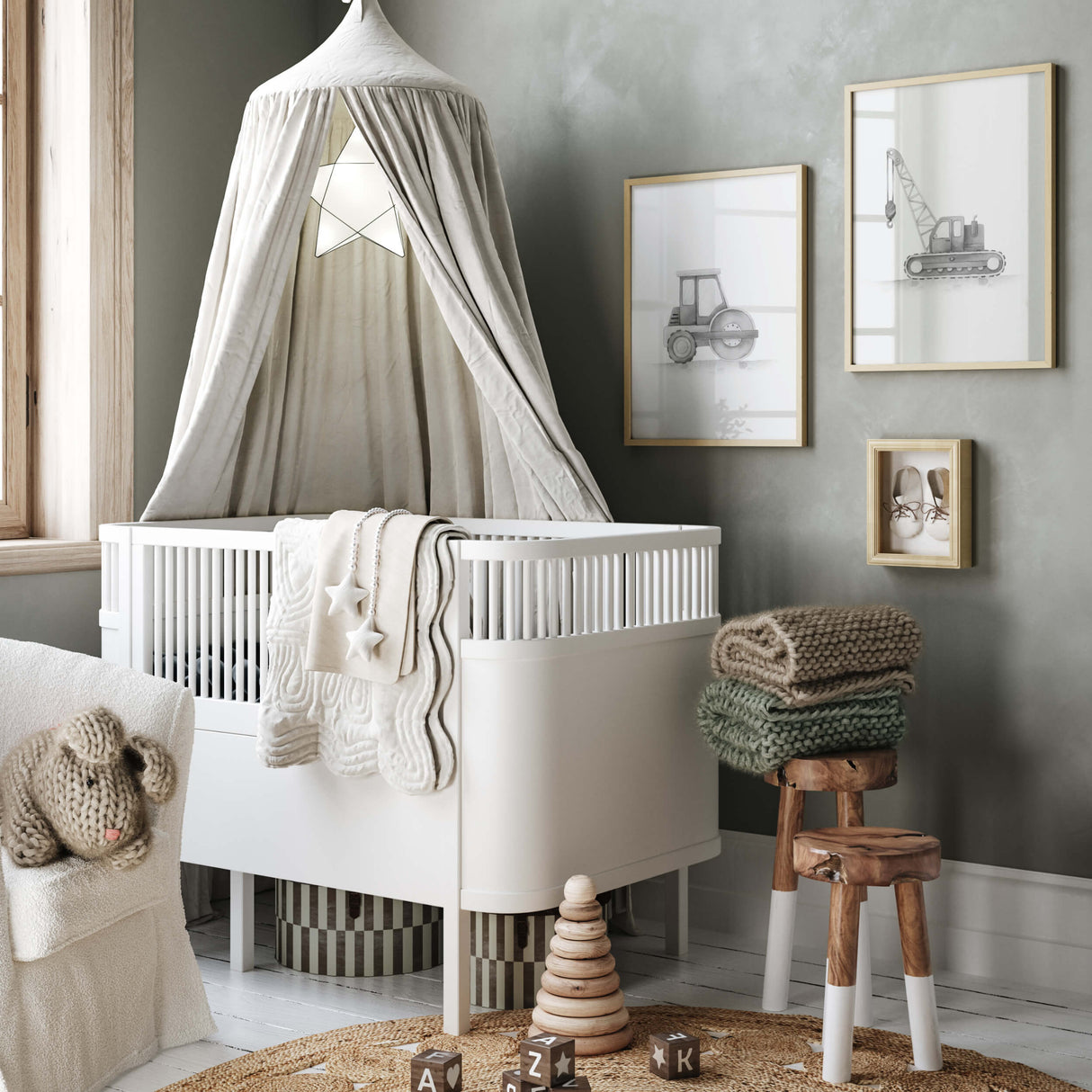 Watercolor black gray construction vehicle print with road roller, crane for toddler room decor, baby boys room decor, sage green nursery decor.