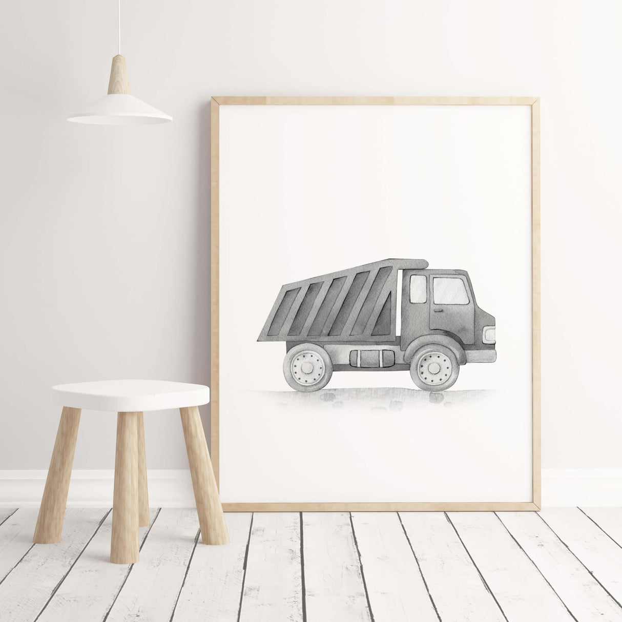 Watercolor black gray construction vehicle print with dump truck for toddler room decor, baby boys room decor, sage green nursery decor.