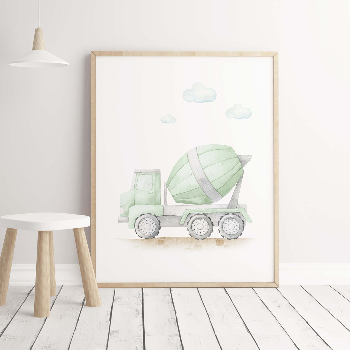 Watercolor green cement mixer print for toddler and boys room decor.