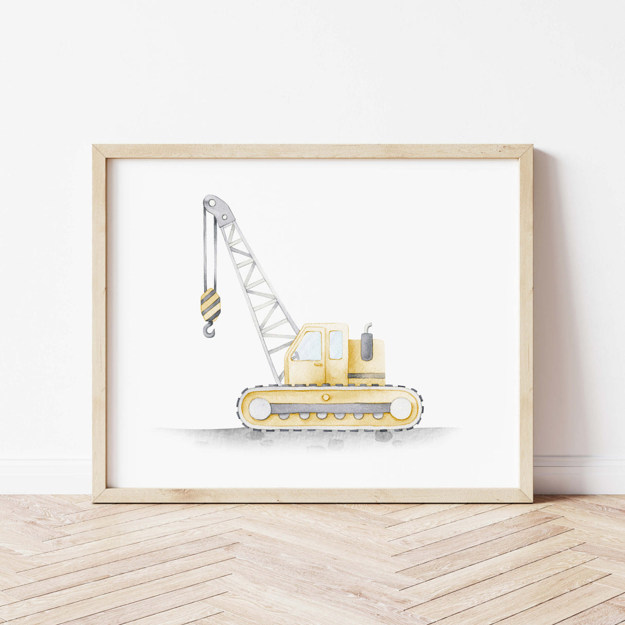 Watercolor colorful construction vehicle print with yellow crane for toddler and baby boys room decor.