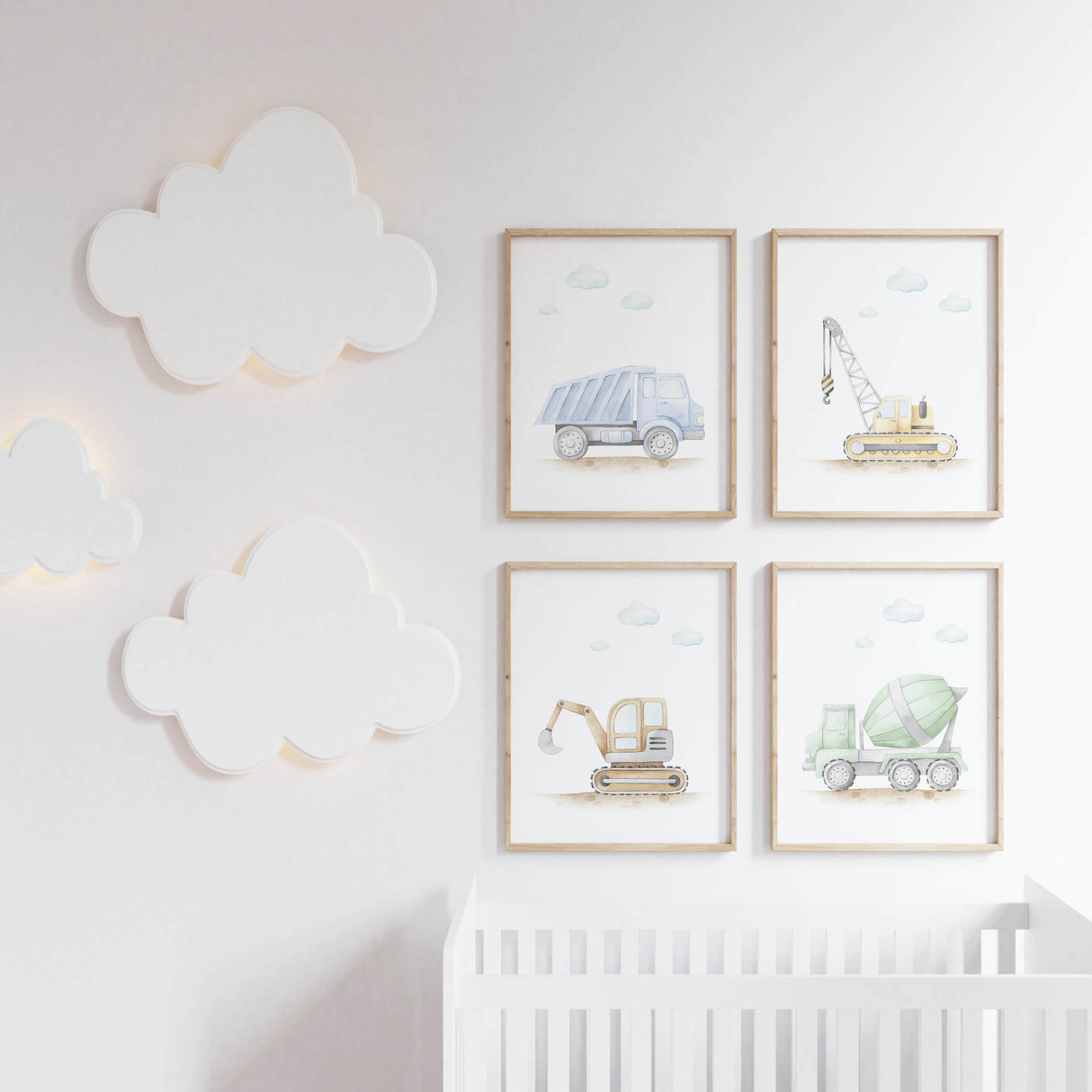 Set of 4 vehicle print with cement mixer, crane, dump truck, digger in blue, green, yellow and brown soft colors for toddler and baby boys room decor.