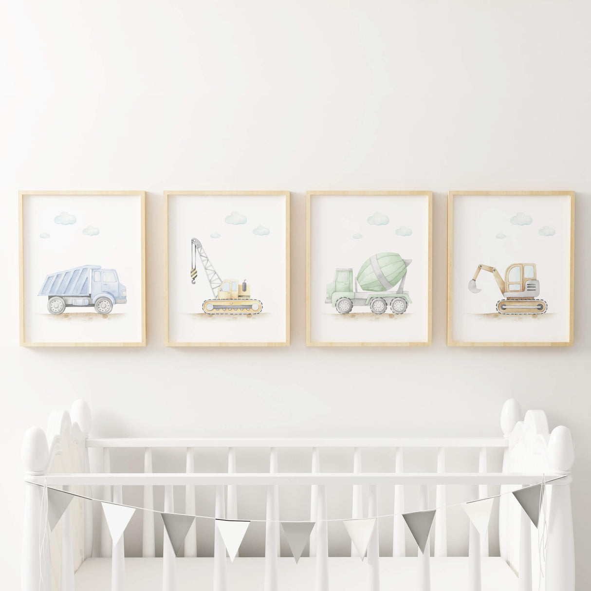Set of 4 watercolor construction vehicle print with cement mixer, crane, dump truck, digger in blue, green, yellow and brown soft colors for toddler and baby boys room decor.