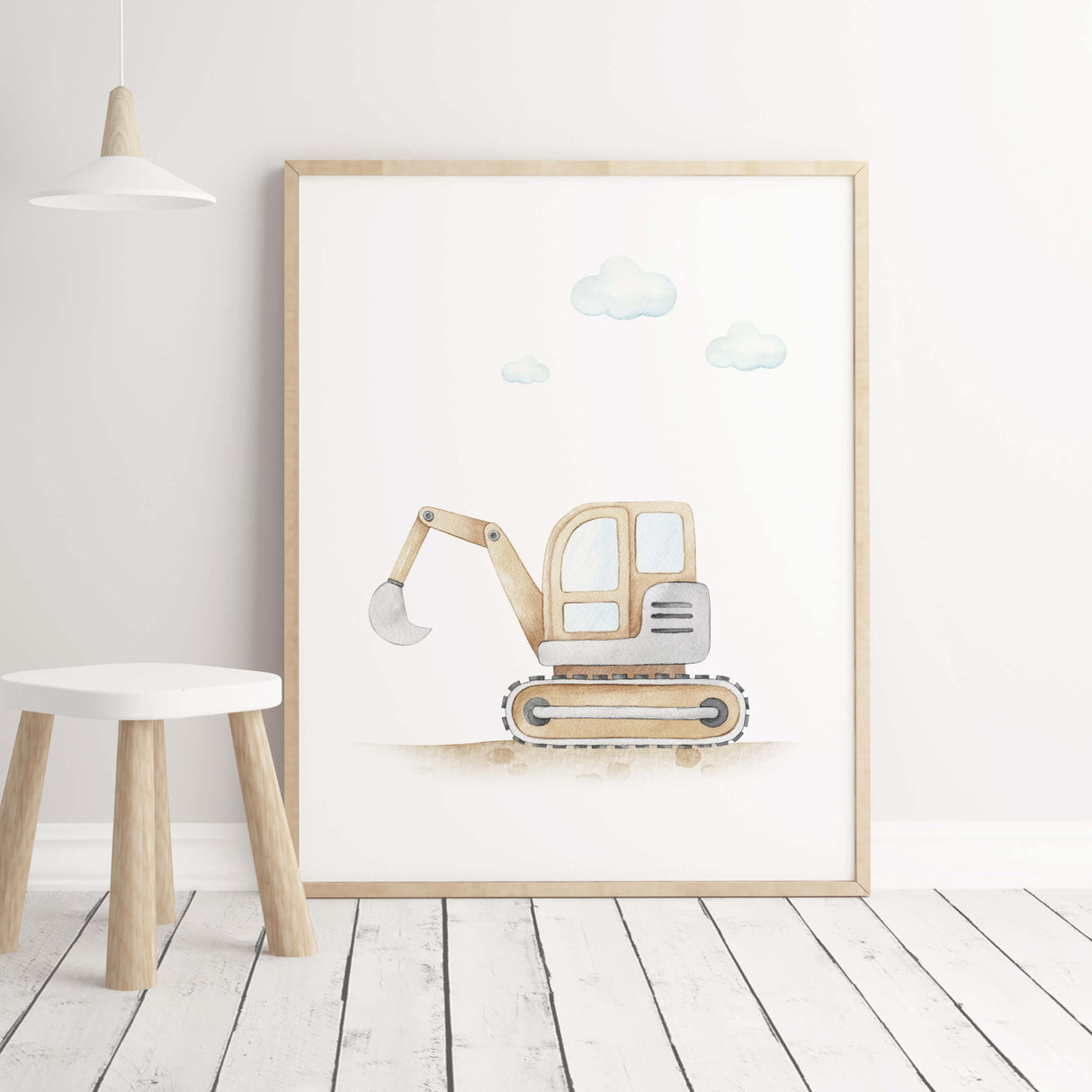 Construction vehicle print with brown digger for toddler and boys room decor.