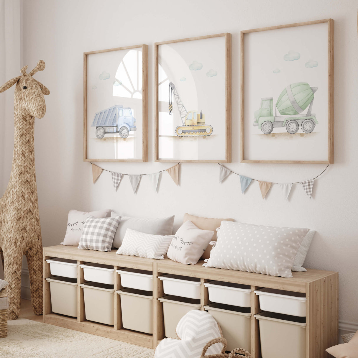 Set of 3 watercolor construction vehicle printable with cement mixer, dump truck and crane in blue, green, yellow colors for toddler and boys room decor.