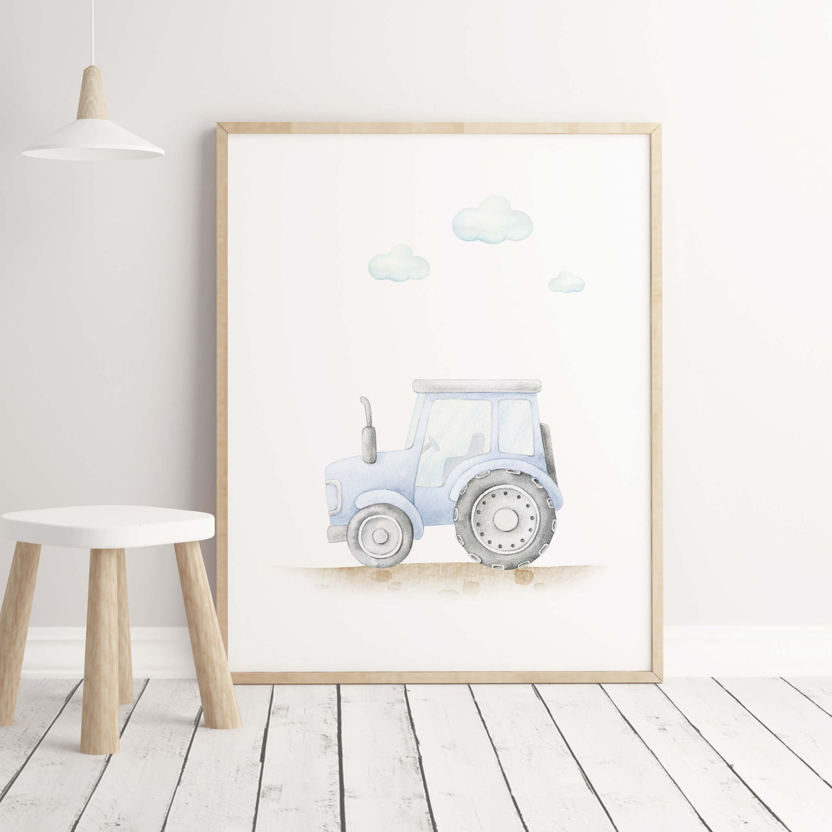 Light blue tractor print for toddler and boys room decor.