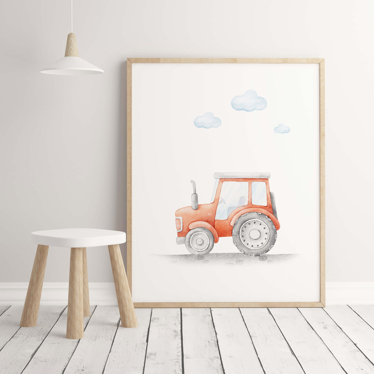 Watercolor construction vehicle print with red tractor for toddler and baby boys room decor.