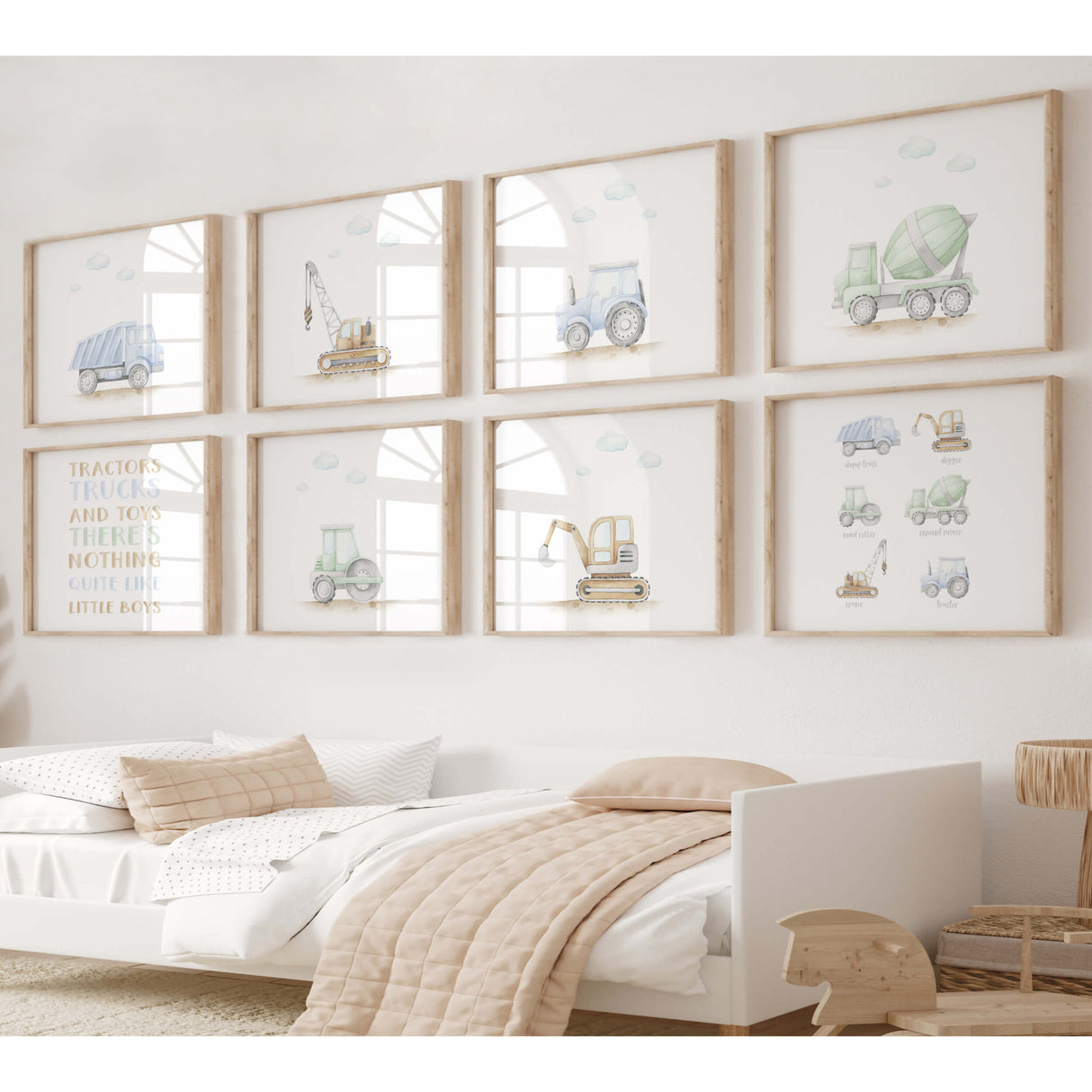 Construction Vehicle Nursery Prints - Blue - Green - Brown - Horizontal - Set of 8