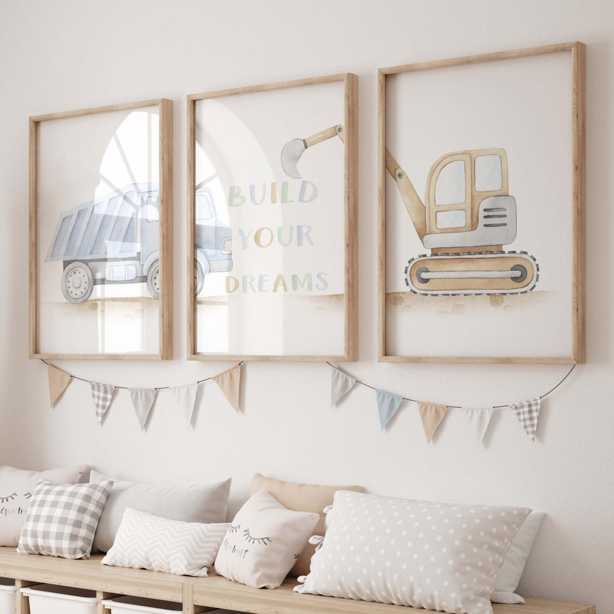 Set of 3 watercolor vehicle print with dump truck, digger and "build your dreams" quote for toddler and baby boys room decor.