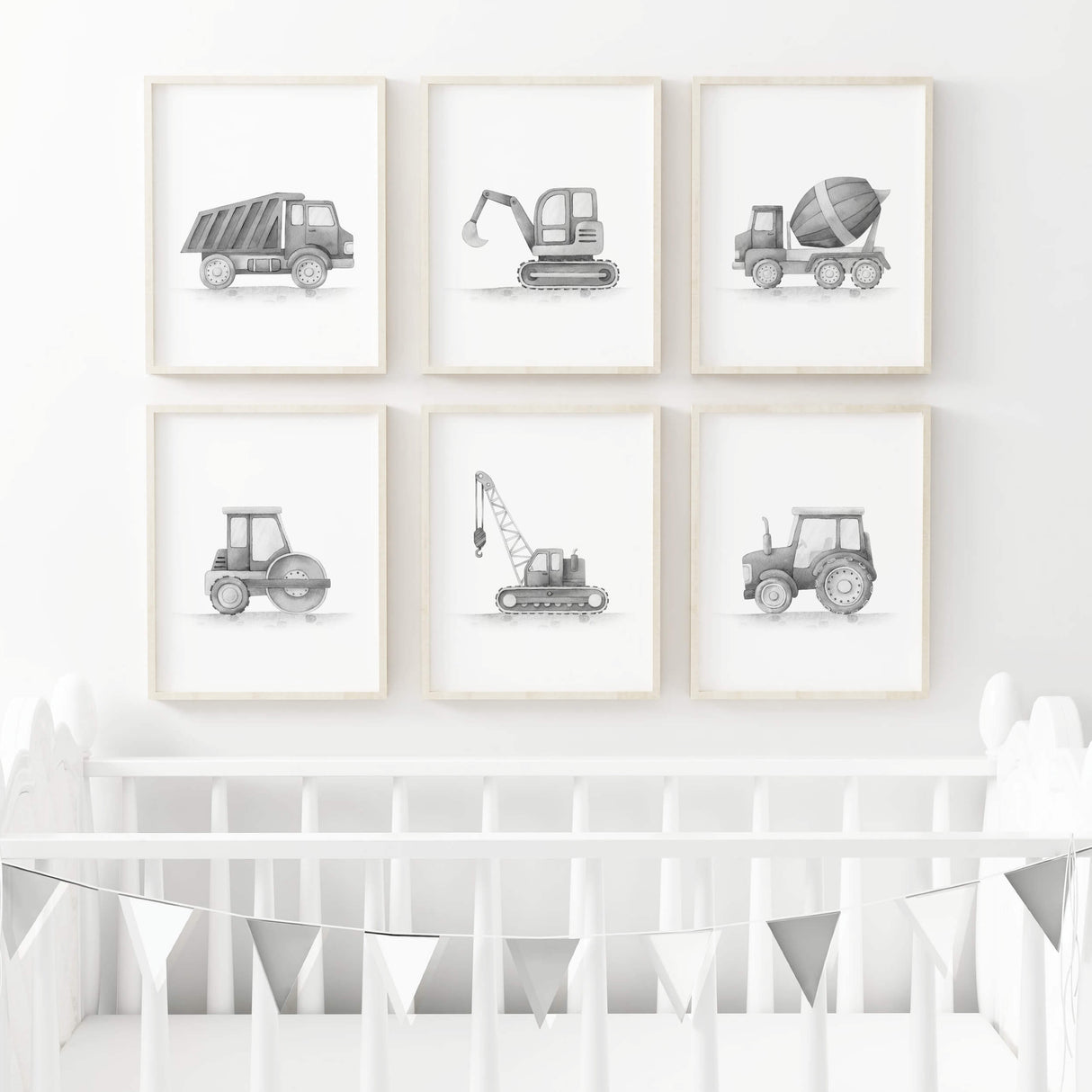 Watercolor black gray construction vehicle printable for toddler room decor, baby boys room decor, sage green nursery decor.