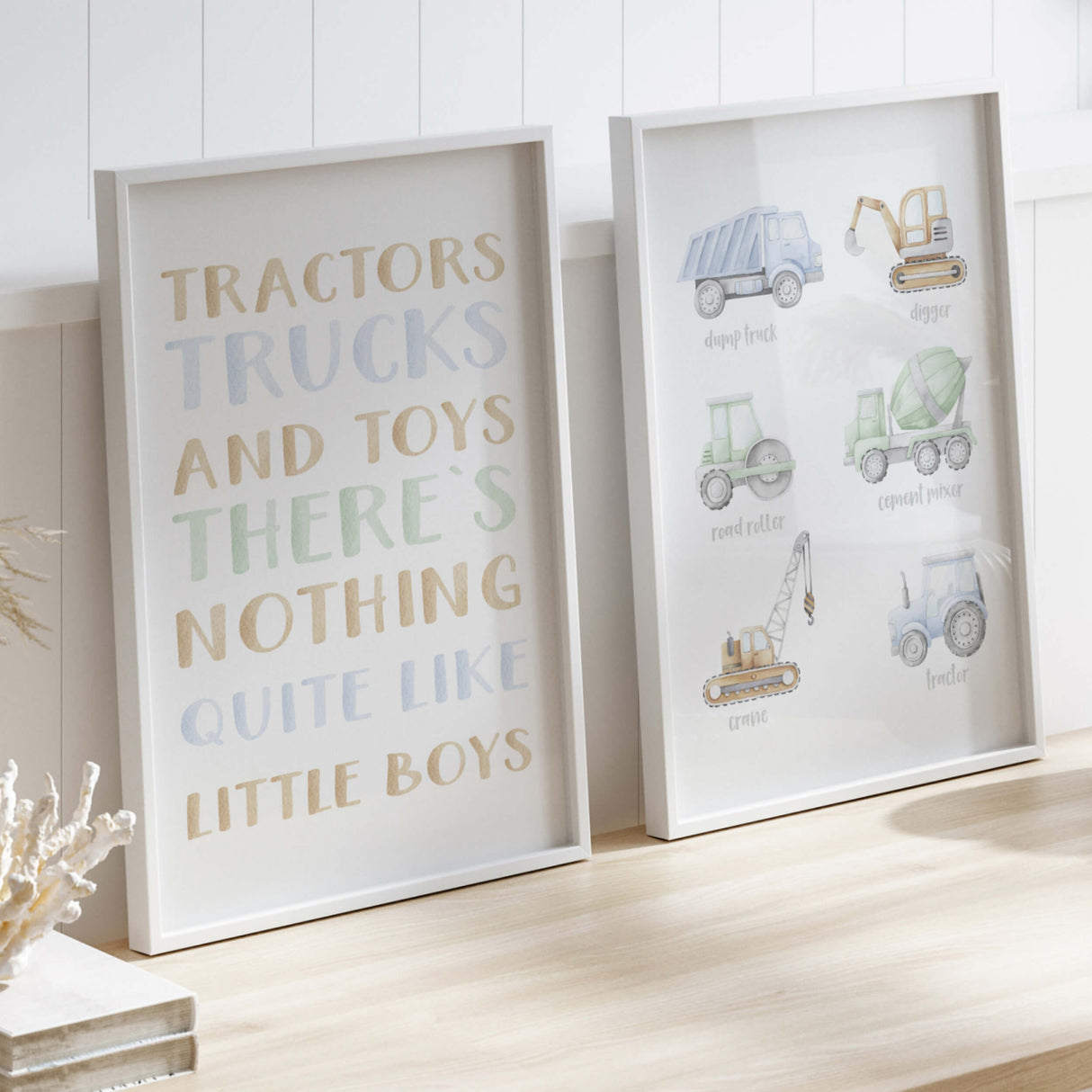 Education cnstruction vehicle printable with digger, dump truck, crane, road roller, cement mixer, tractor and tractor quote for toddler and boys room decor.