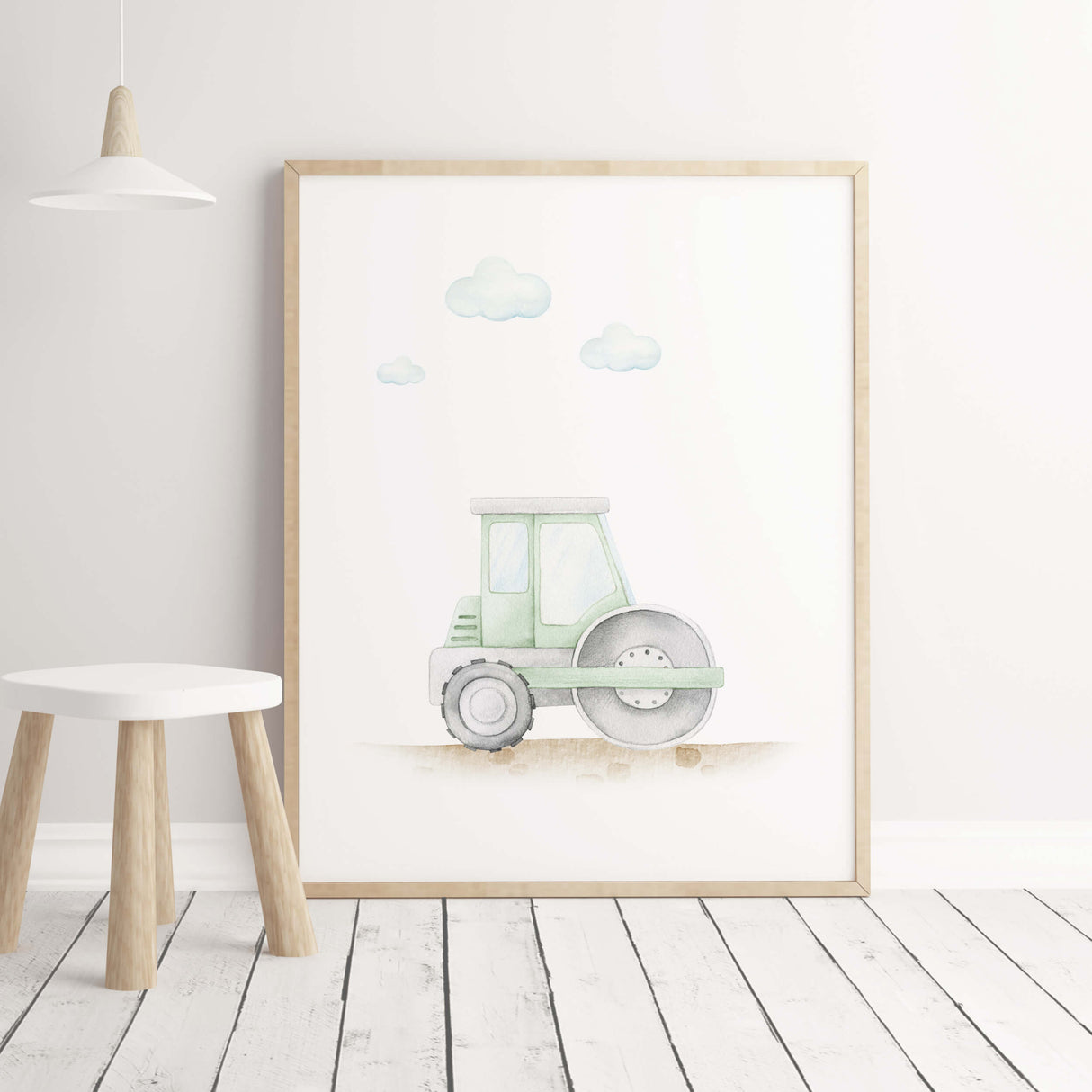 Construction vehicle print with green road roller for toddler and boys room decor.