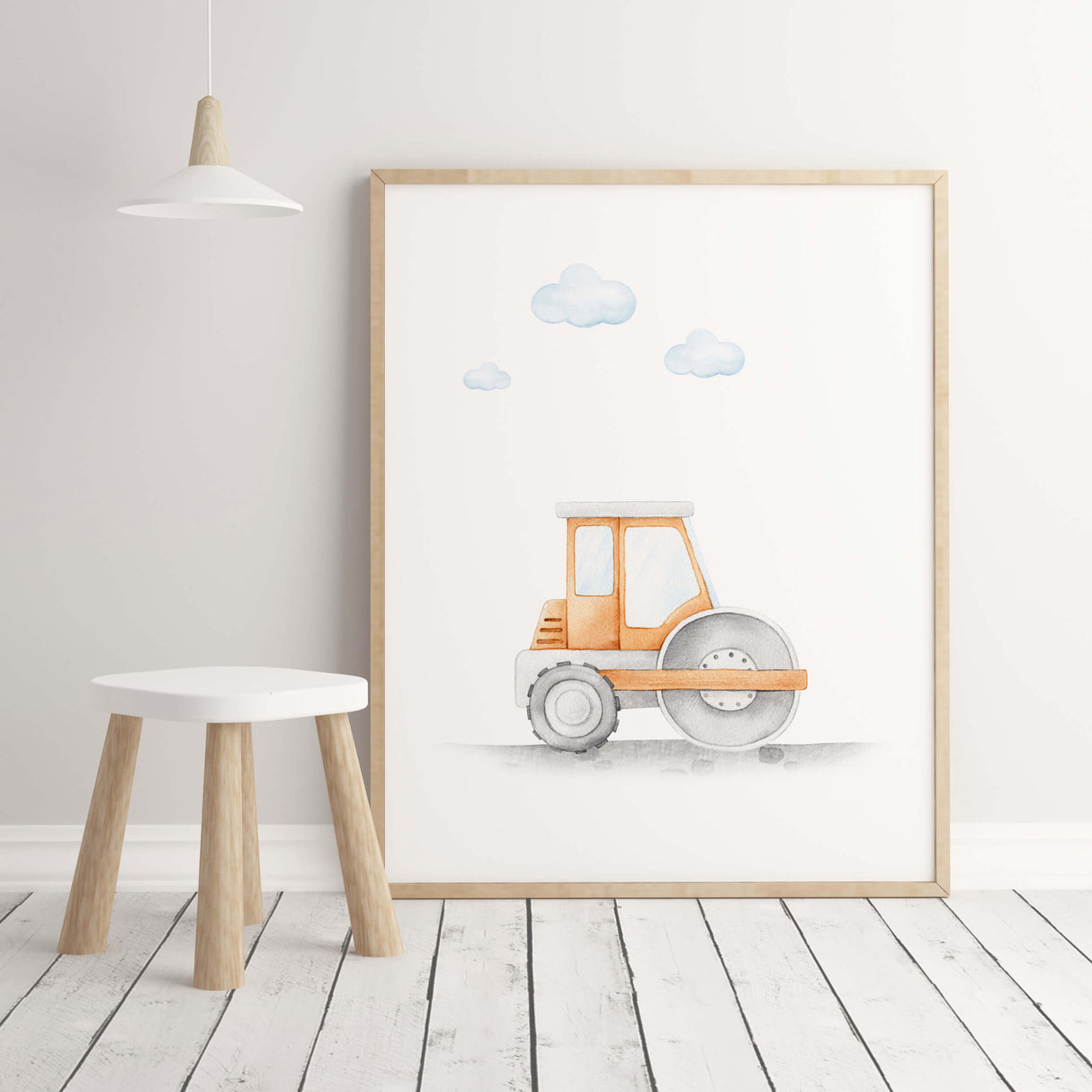 Watercolor construction vehicle print with orange road roller for toddler and baby boys room decor.