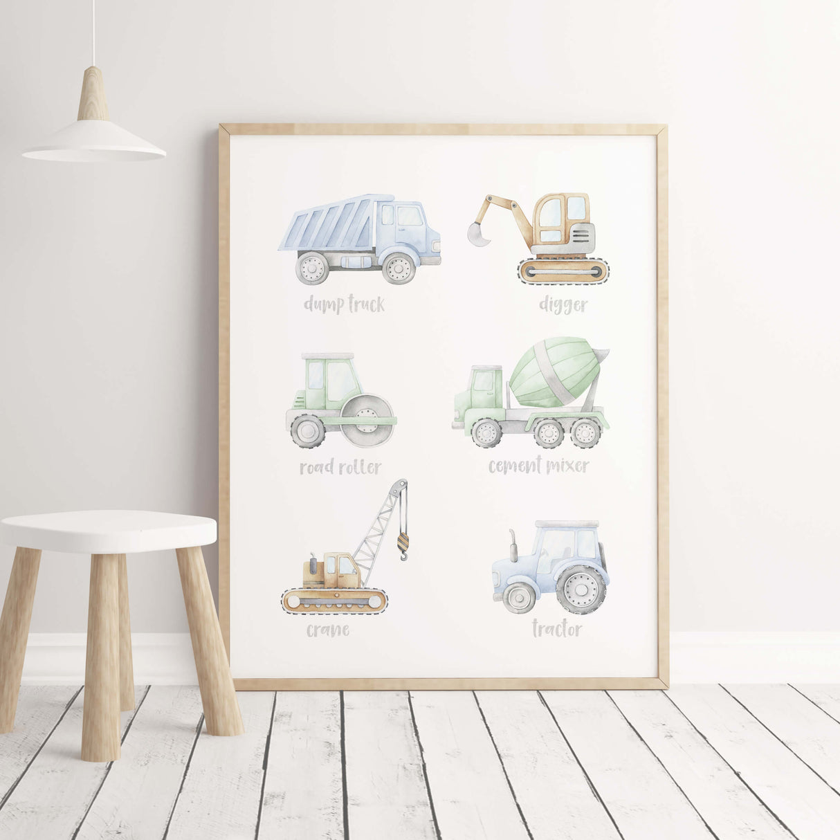 Education cnstruction vehicle print for toddler and boys room decor.