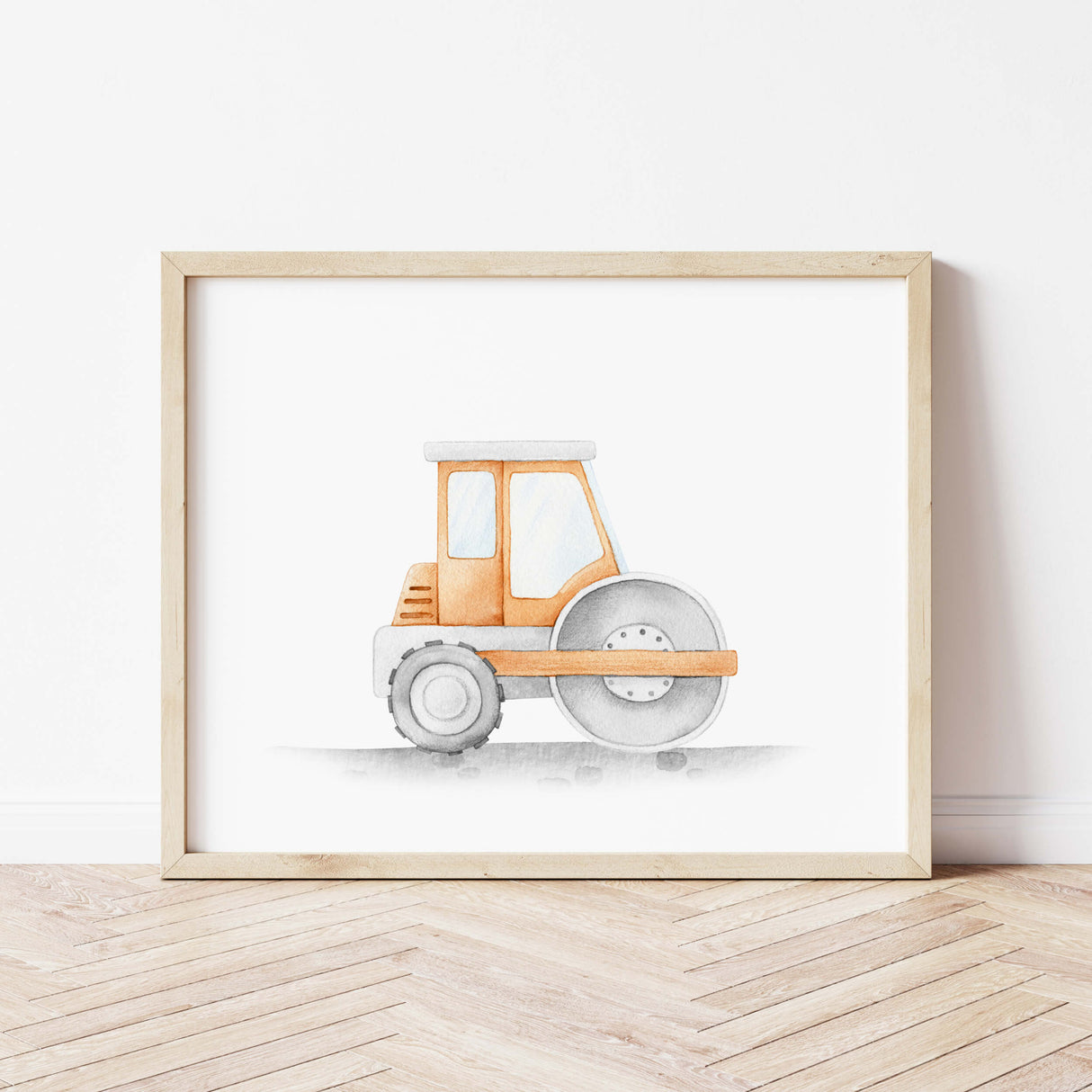 Watercolor colorful construction vehicle print with orange road roller for toddler and baby boys room decor.