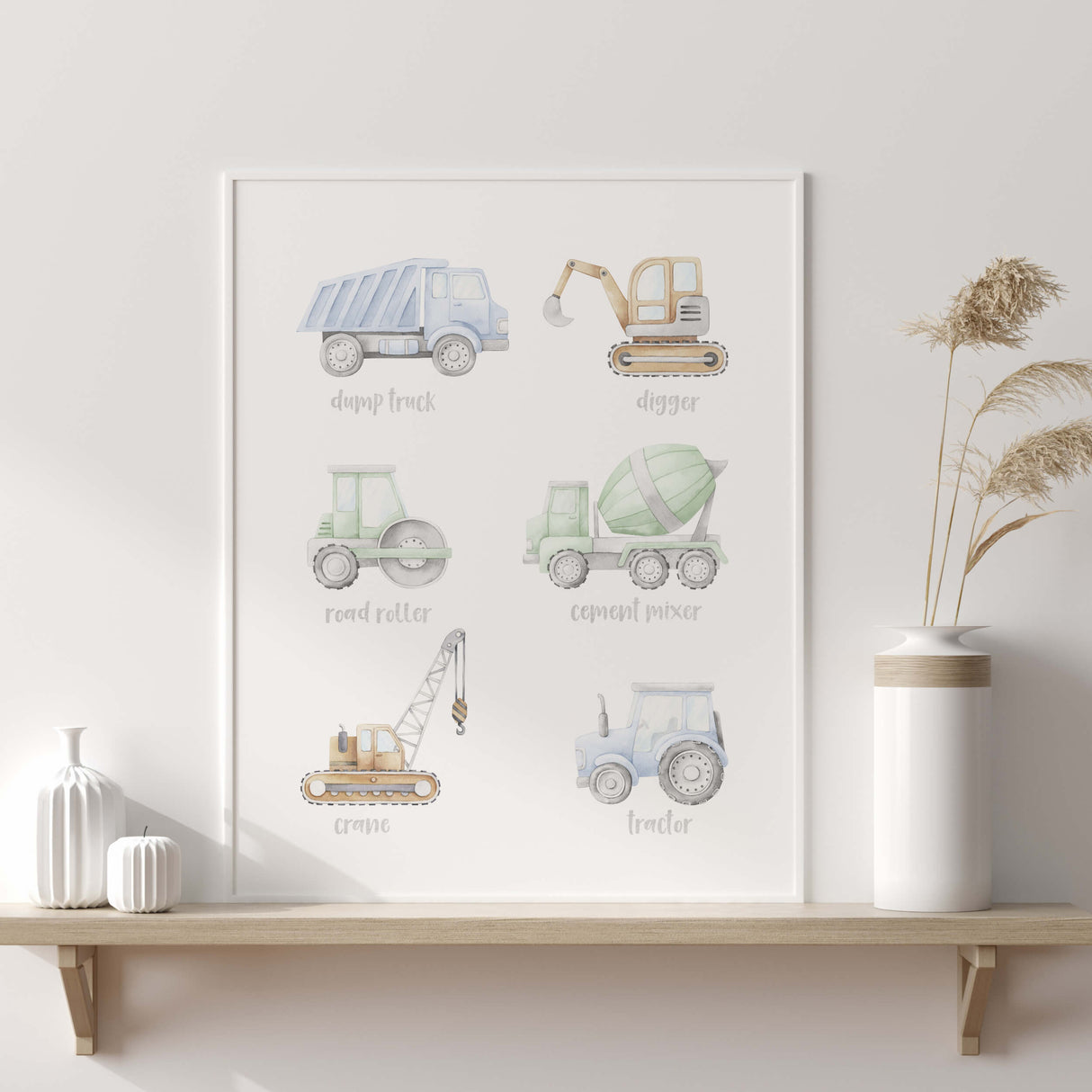Education cnstruction vehicle print with digger, dump truck, crane, road roller, cement mixer, tractor and tractor quote for toddler and boys room decor.