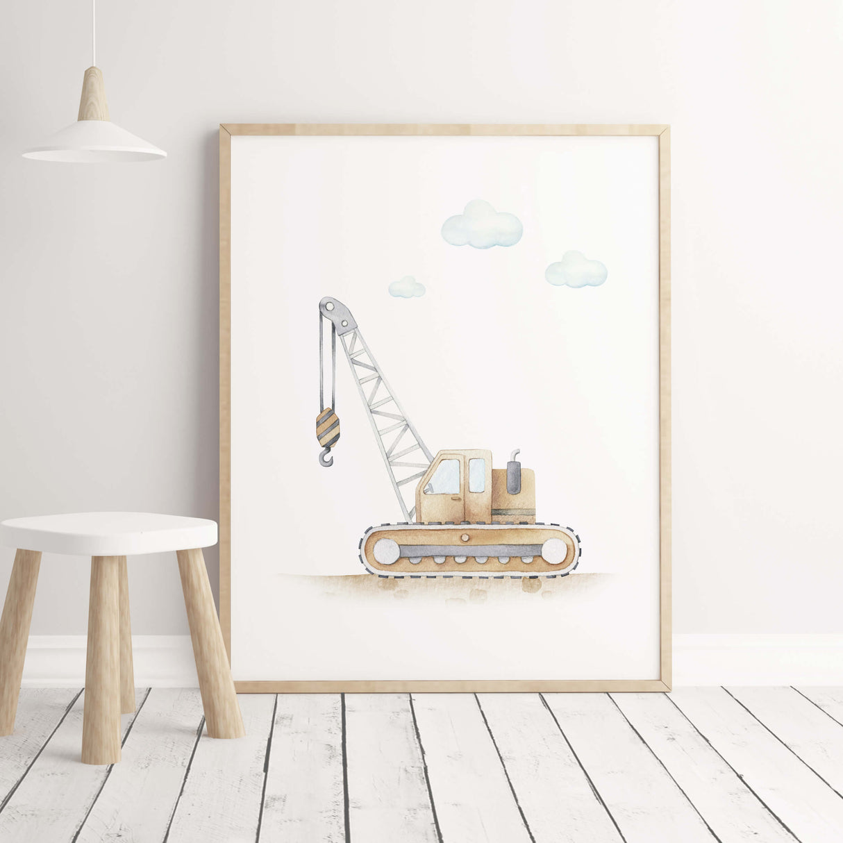 Brown construction vehicle print with crane for toddler and boys room decor.