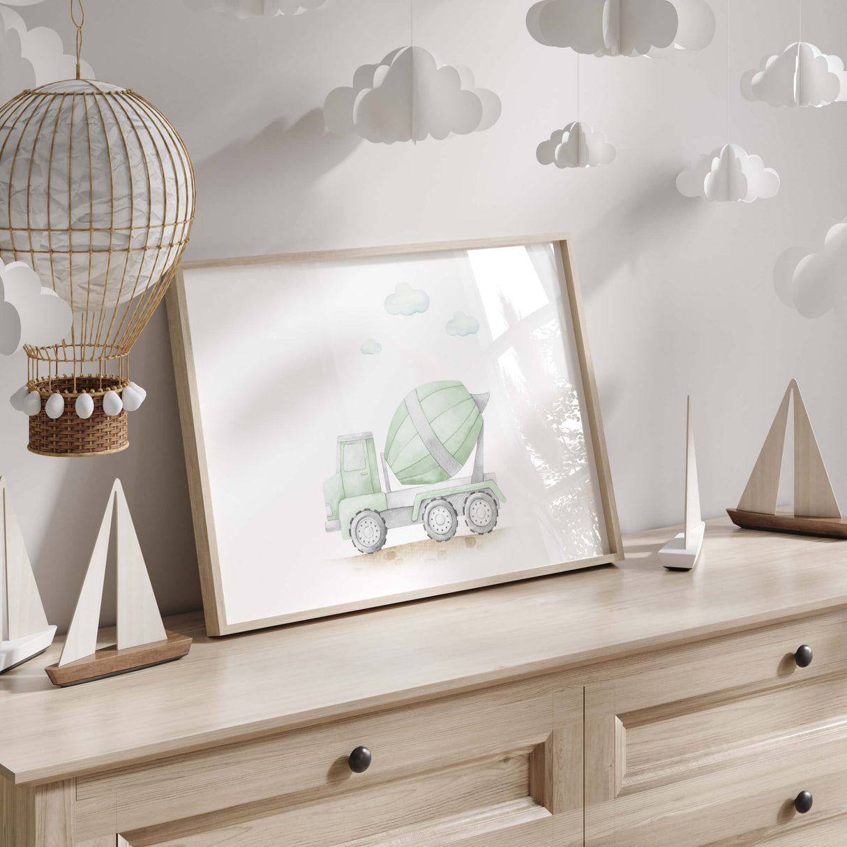 Construction Vehicle Nursery Prints - Blue - Green - Brown - Horizontal - Set of 8