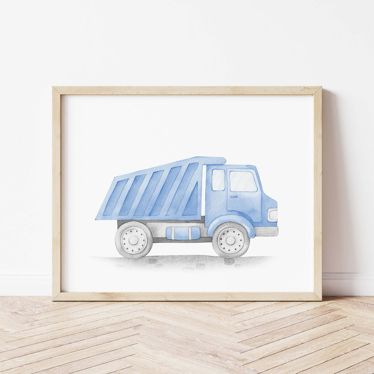 Watercolor colorful construction vehicle print with blue dump truck for toddler and baby boys room decor.