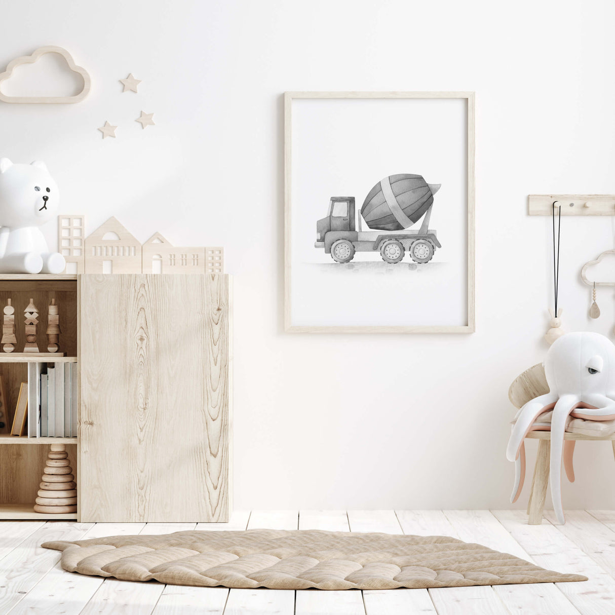 Watercolor black gray construction vehicle poster with cement mixer for toddler room decor, baby boys room decor, sage green nursery decor.