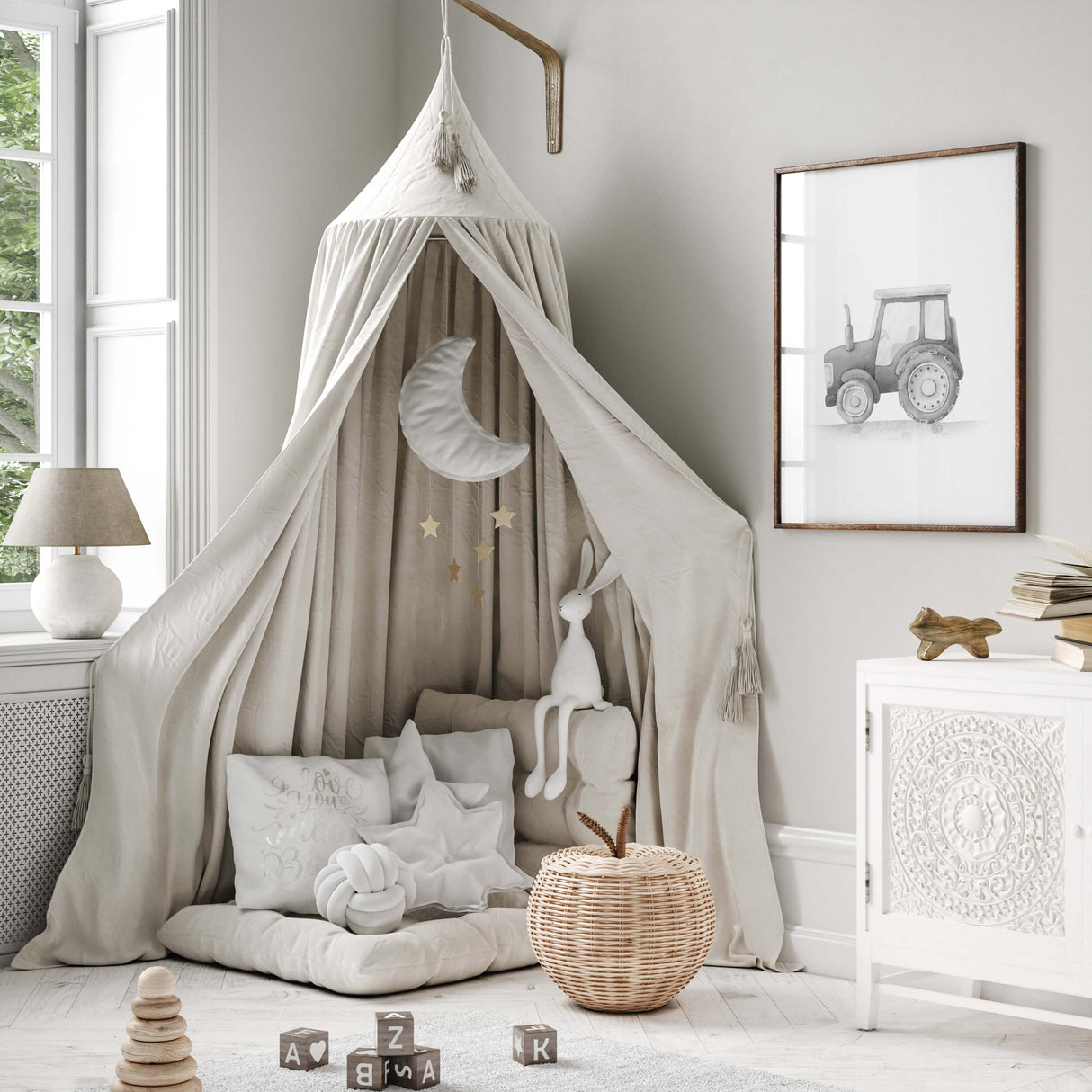 Watercolor black gray construction vehicle print with tractor for toddler room decor, baby boys room decor, sage green nursery decor.