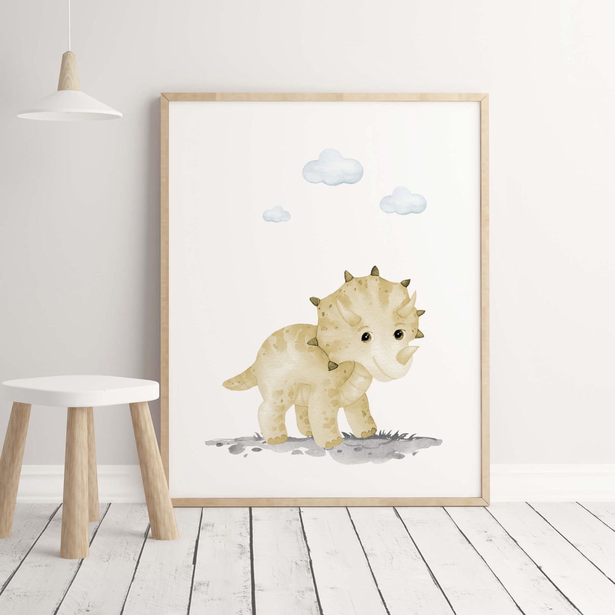 Watercolor yellow baby dinosaur poster for neutral nursery decor.