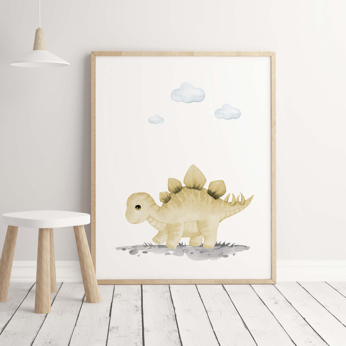 Watercolor yellow dinosaur baby for girls room decor.